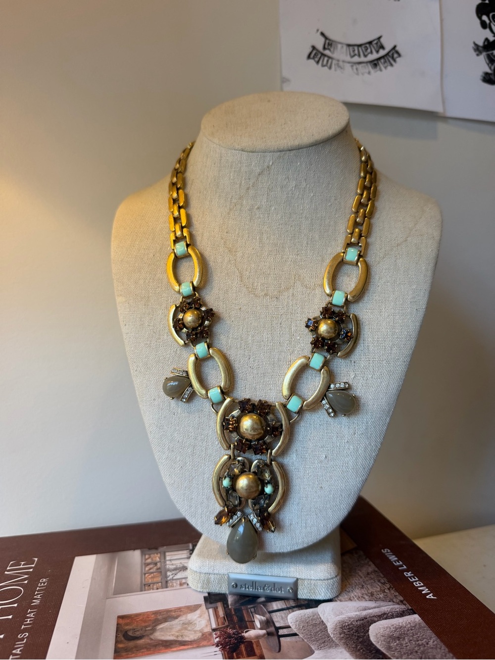 Stella & Dot Gold-Tone Necklace with Turquoise and Taupe Accents